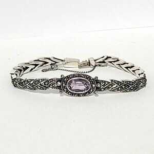 Vintage Art Deco Sterling Silver Purple Amethyst Marcasite Crystal Bracelet
